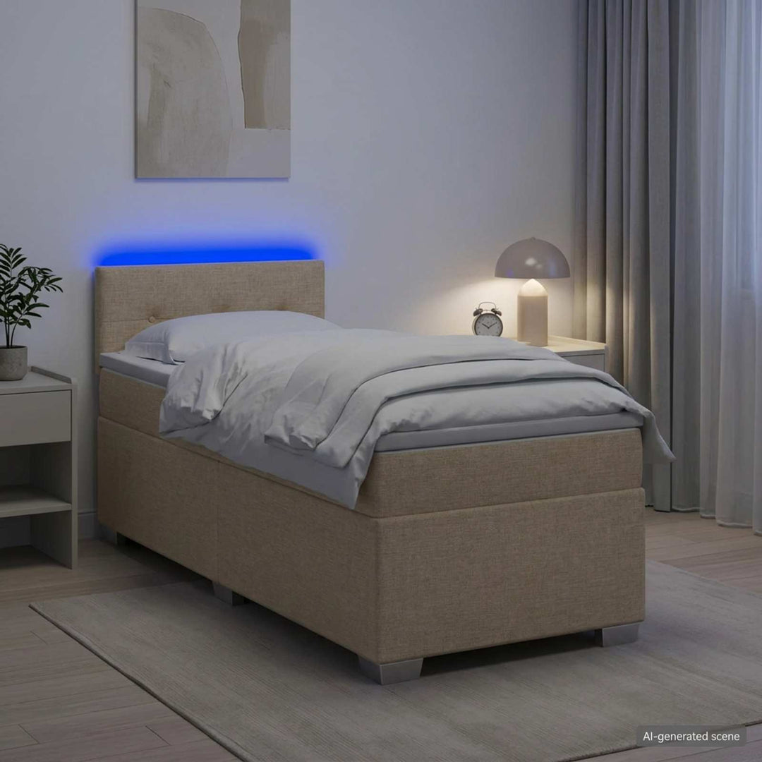 Box Spring Seng med Madras og LED Cremefarvet 100 x 200 cm Stof