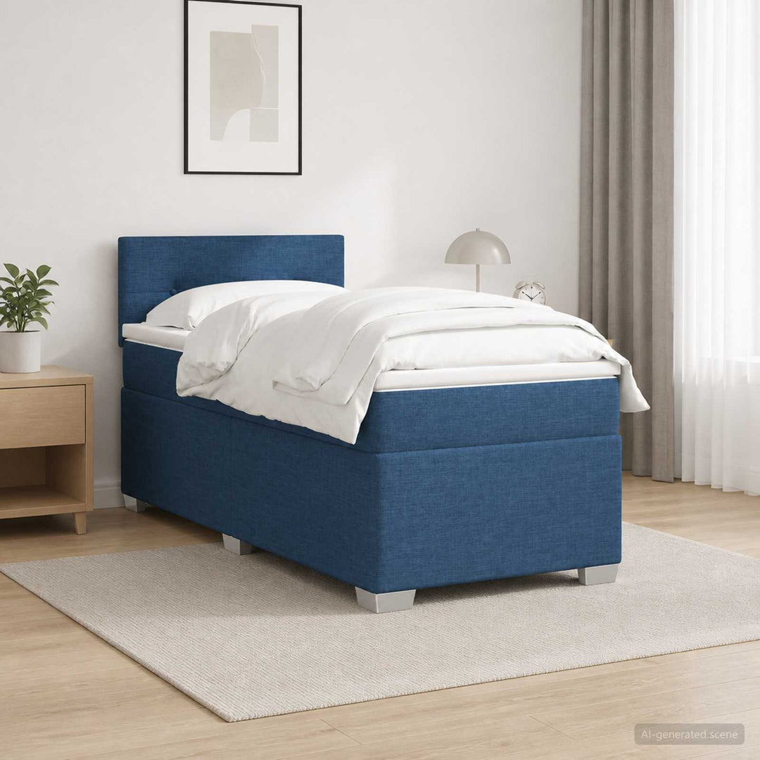 Box Spring Seng med Madras og LED Blå 90 x 200 cm Stof