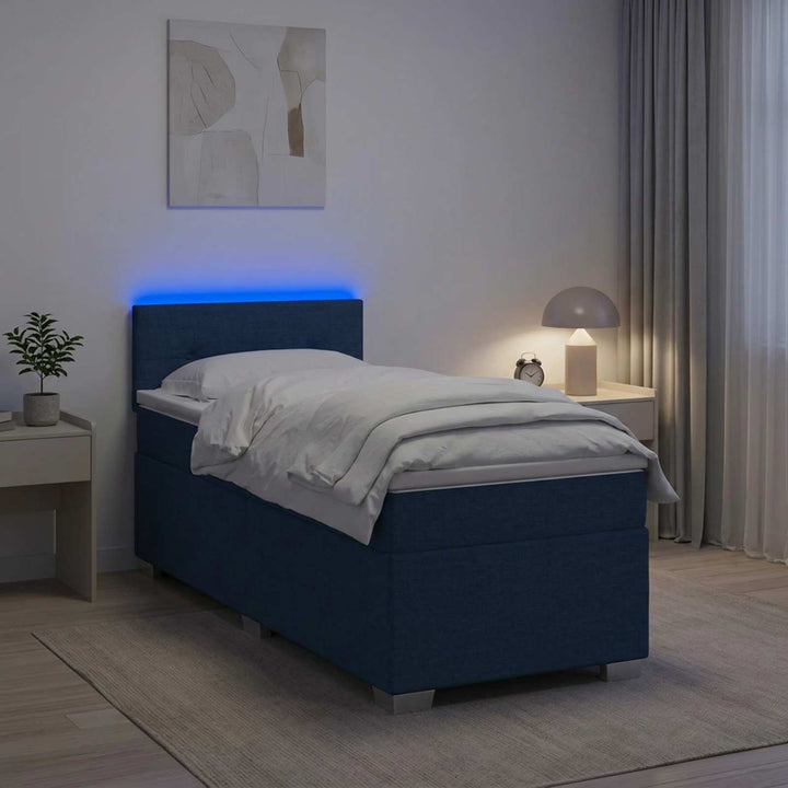 Box Spring Seng med Madras og LED Blå 90 x 200 cm Stof