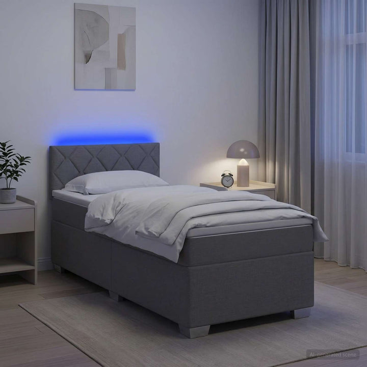 Box Spring Seng med Madras og LED Lysegrå 100 x 200 cm Stof