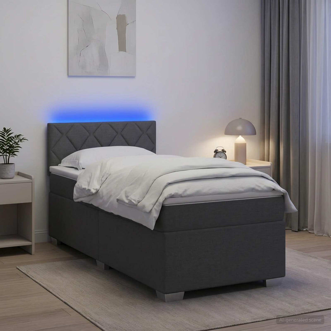 Box Spring Seng med Madras og LED Mørkegrå 90 x 200 cm Stof