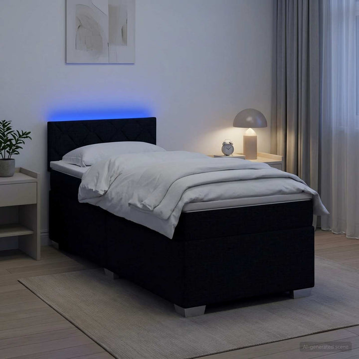 Box Spring Seng med Madras og LED Sort 90 x 200 cm Stof