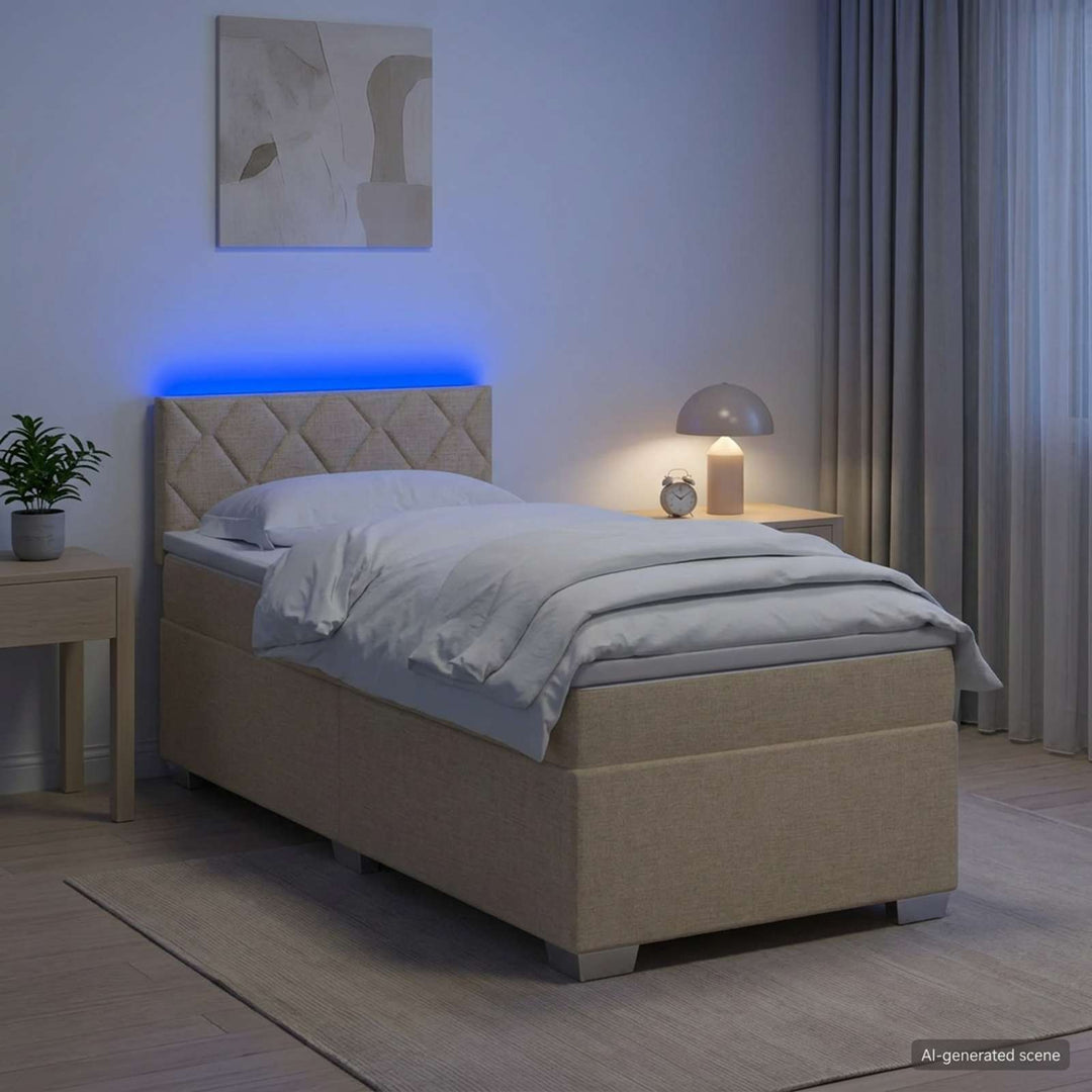 Box Spring Seng med Madras og LED Cremefarvet 100 x 200 cm Stof