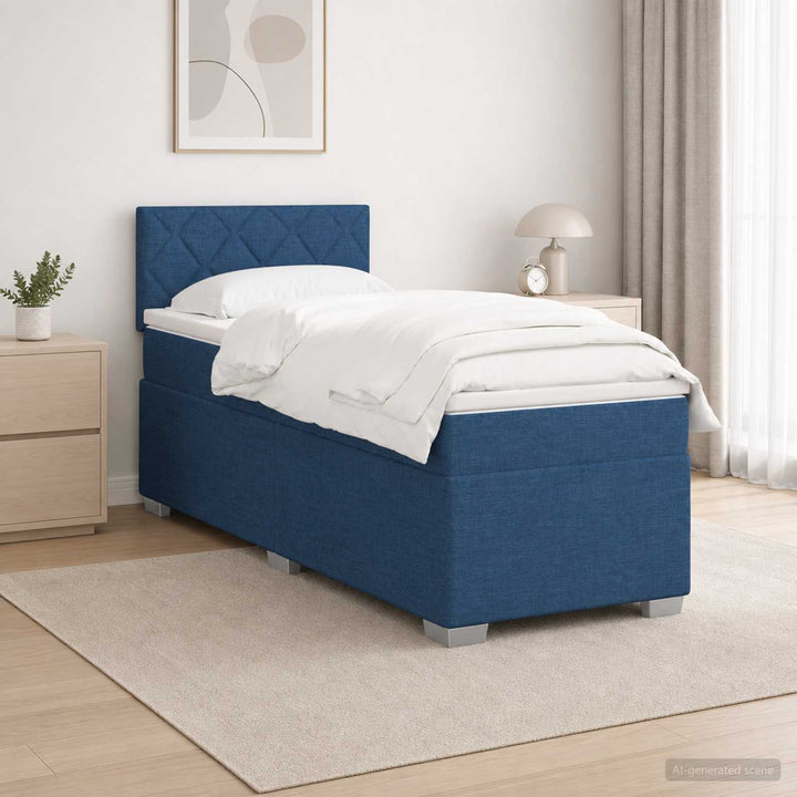 Box Spring Seng med Madras og LED Blå 90 x 190 cm Stof