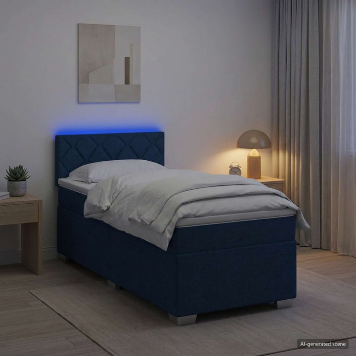 Box Spring Seng med Madras og LED Blå 90 x 200 cm Stof