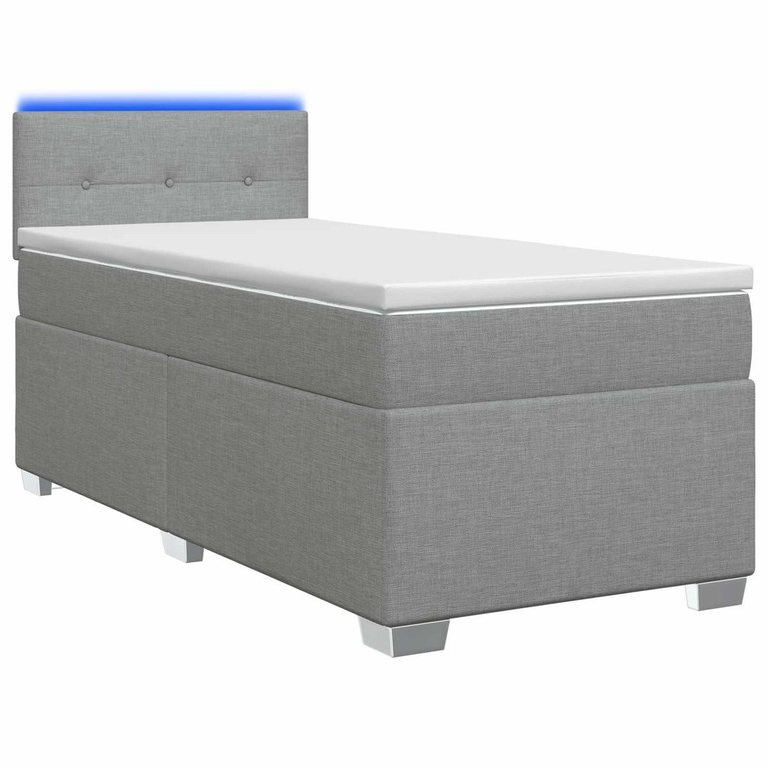 Box Spring Seng med Madras og LED Lysegrå 90 x 190 cm Stof