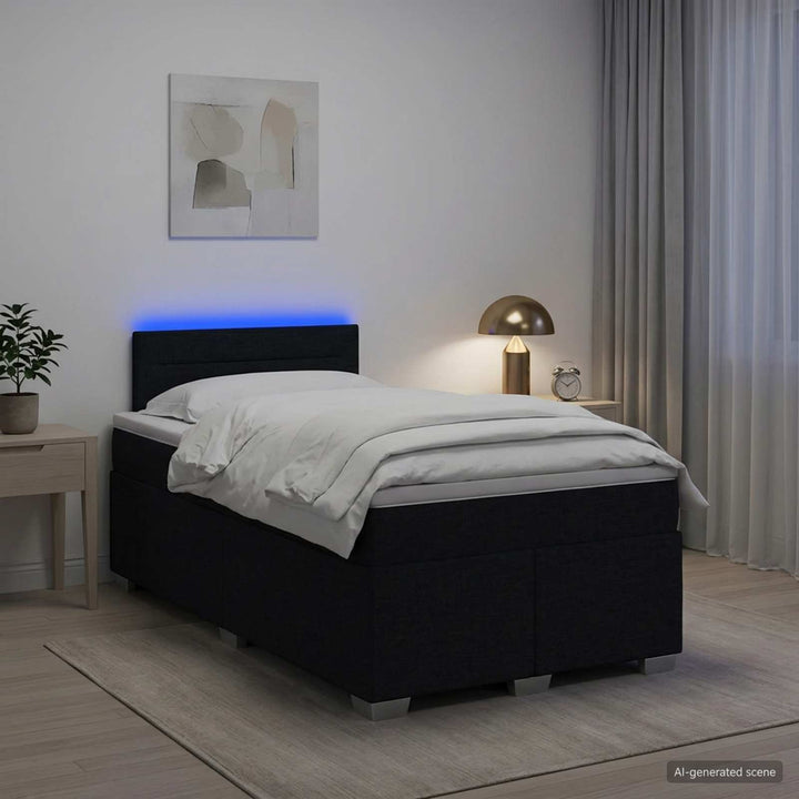 Box Spring Seng med Madras og LED Sort 120 x 190 cm Stof