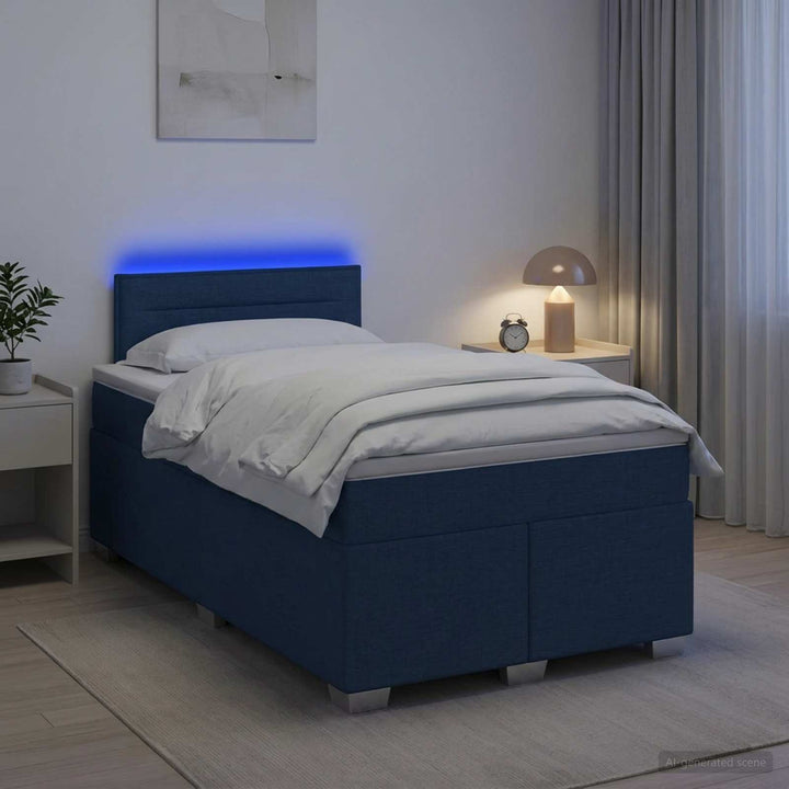 Box Spring Seng med Madras og LED Blå 120 x 190 cm Stof