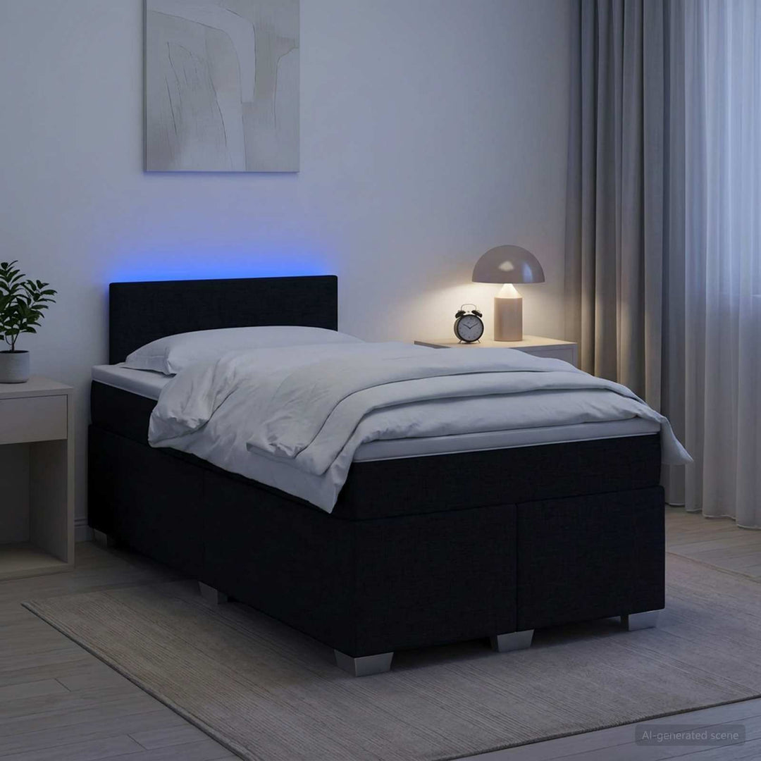 Box Spring Seng med Madras og LED Sort 120 x 190 cm Stof