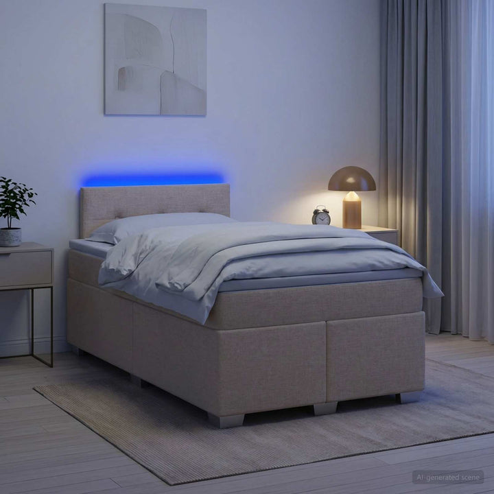 Box Spring Seng med Madras og LED Cremefarvet 120 x 200 cm Stof