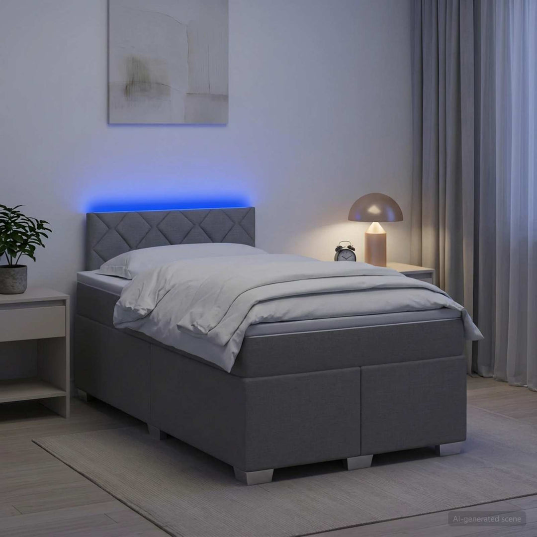Box Spring Seng med Madras og LED Lysegrå 120 x 190 cm Stof