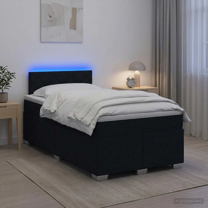 Box Spring Seng med Madras og LED Sort 120 x 200 cm Stof