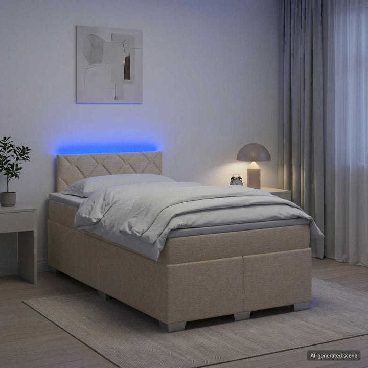 Box Spring Seng med Madras og LED Cremefarvet 120 x 190 cm Stof