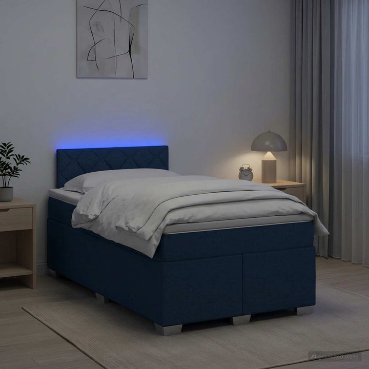 Box Spring Seng med Madras og LED Blå 120 x 190 cm Stof