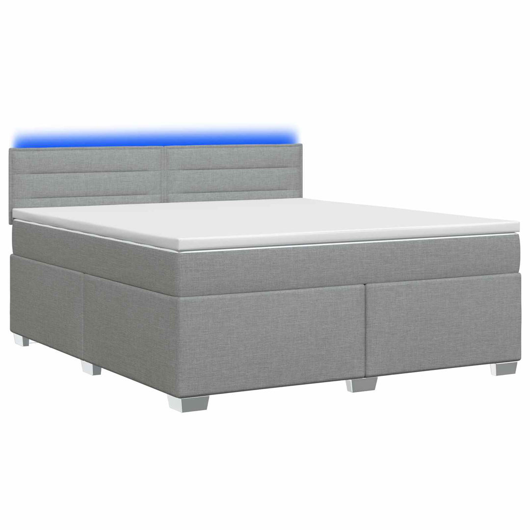 Box Spring Seng med Madras og LED Lysegrå 180 x 200 cm Stof