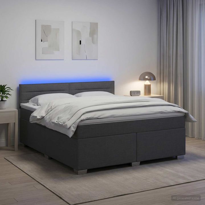 Box Spring Seng med Madras og LED Mørkegrå 140 x 200 cm Stof