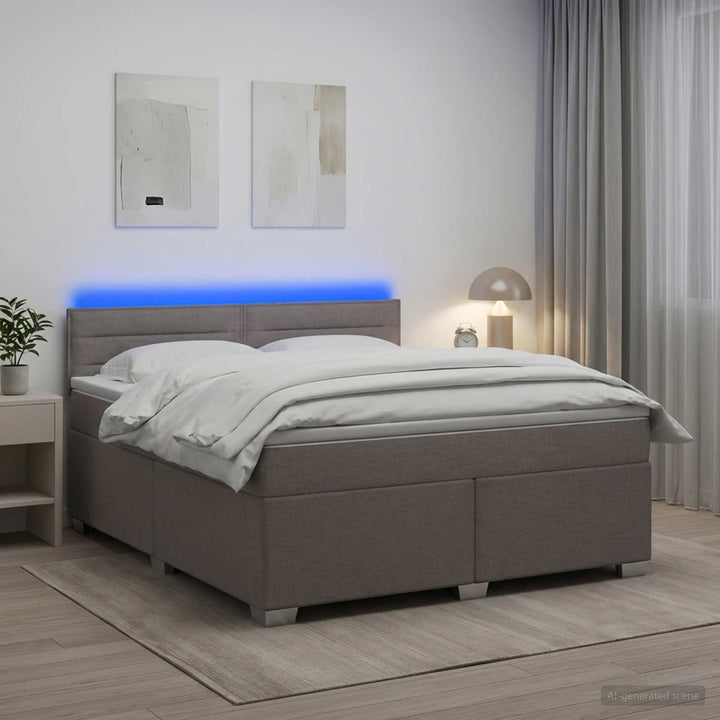 Box Spring Seng med Madras og LED Gråbrun 140 x 190 cm Stof