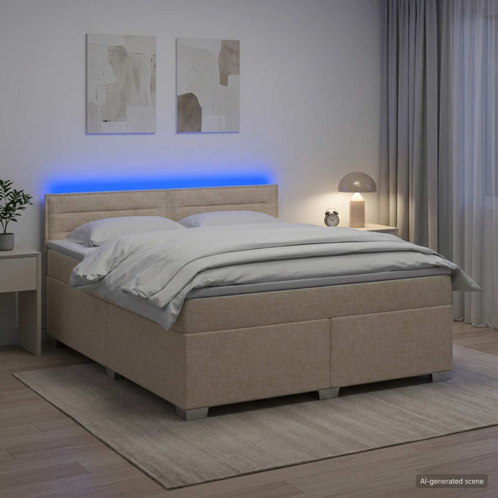 Box Spring Seng med Madras og LED Cremefarvet 180 x 200 cm Stof