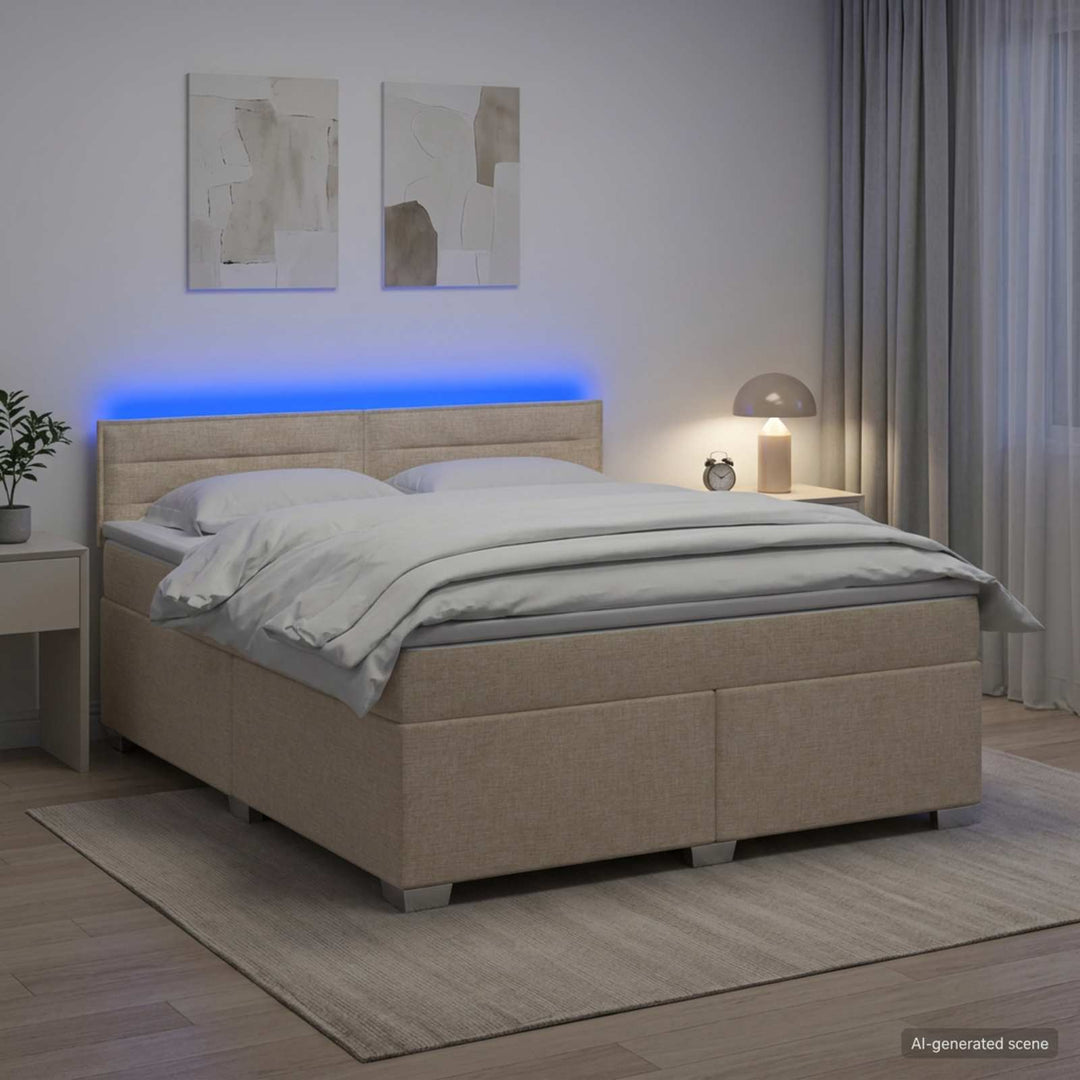 Box Spring Seng med Madras og LED Cremefarvet 140 x 200 cm Stof