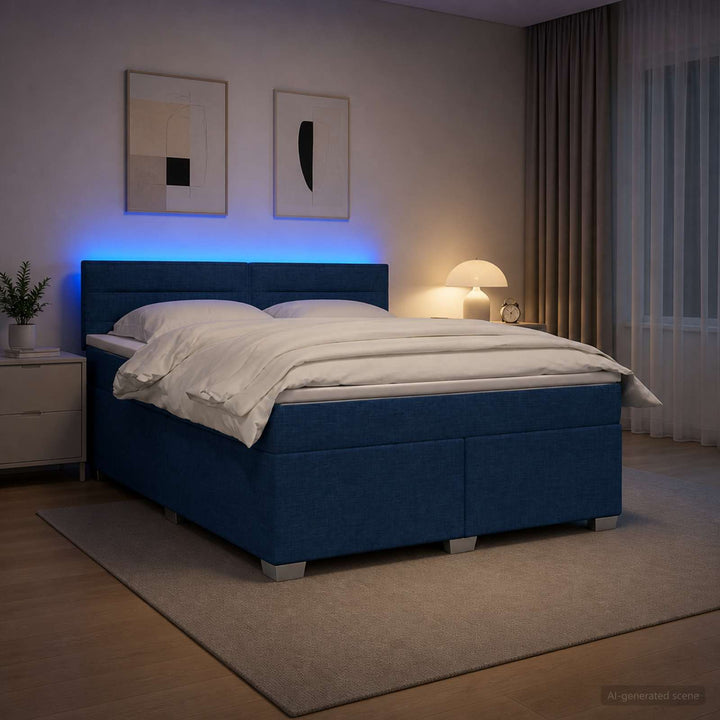 Box Spring Seng med Madras og LED Blå 180 x 200 cm Stof
