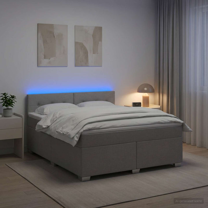 Box Spring Seng med Madras og LED Lysegrå 140 x 190 cm Stof