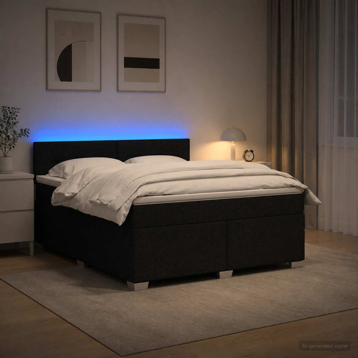 Box Spring Seng med Madras og LED Sort 160 x 200 cm Stof