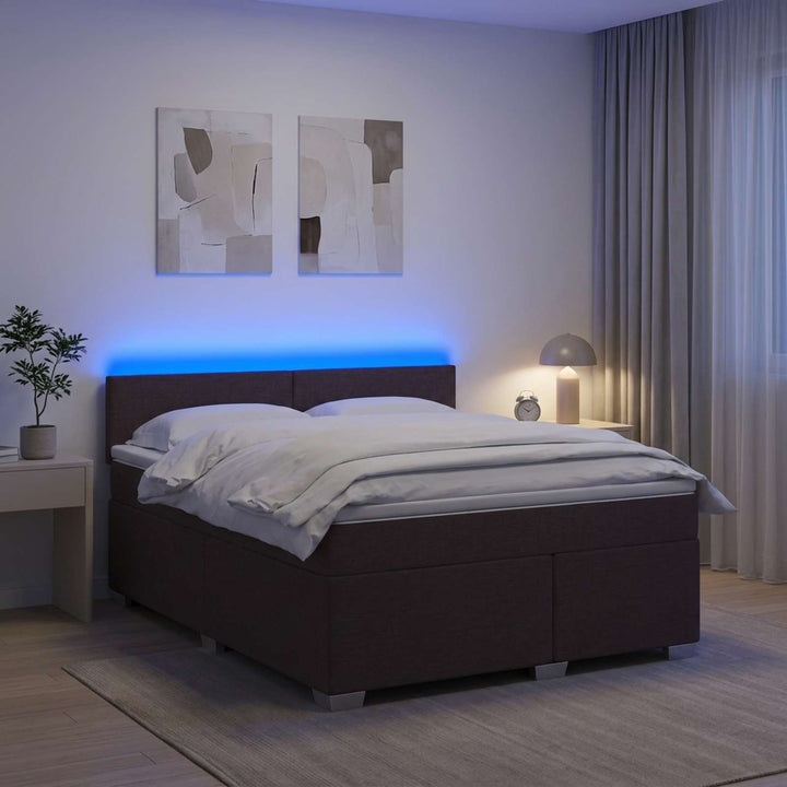 Box Spring Seng med Madras og LED Mørk Brun 160 x 200 cm Stof