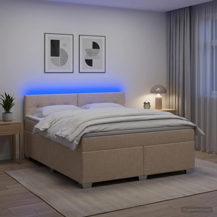 Box Spring Seng med Madras og LED Cremefarvet 180 x 200 cm Stof