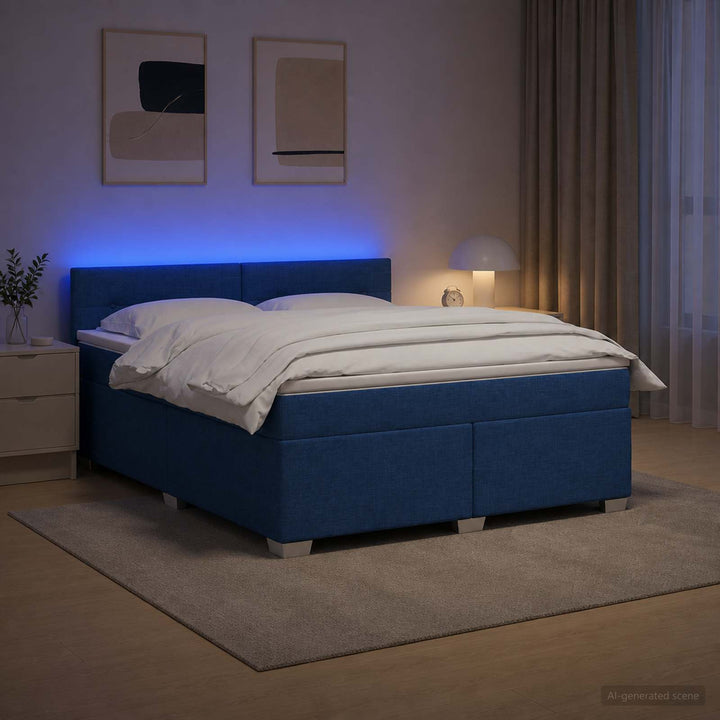Box Spring Seng med Madras og LED Blå 160 x 200 cm Stof