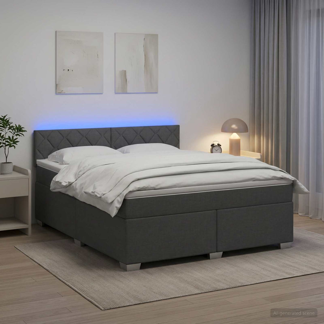 Box Spring Seng med Madras og LED Mørkegrå 160 x 200 cm Stof