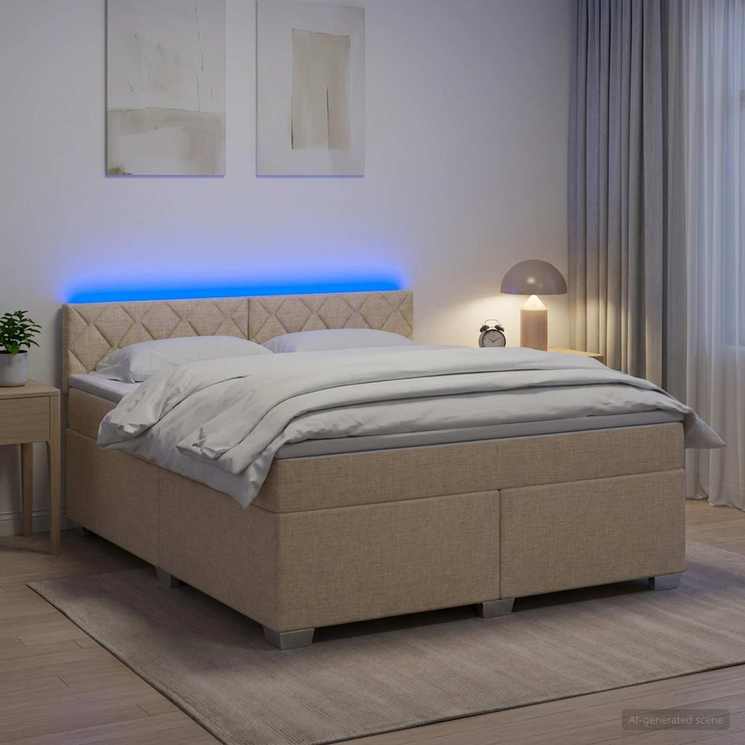 Box Spring Seng med Madras og LED Cremefarvet 160 x 200 cm Stof