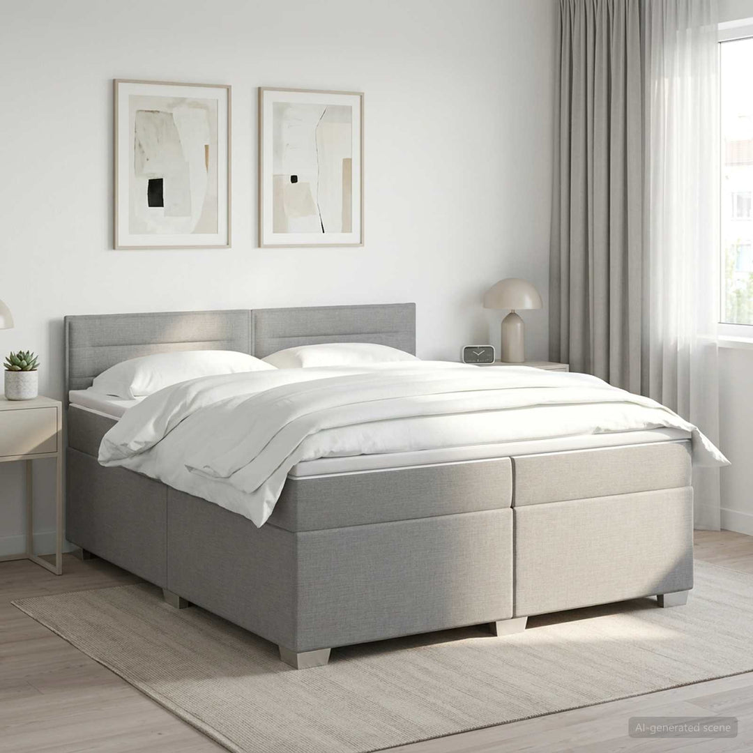 Box Spring Seng med Madras og LED Lysegrå 200 x 200 cm Stof