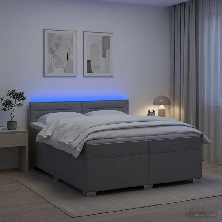 Box Spring Seng med Madras og LED Lysegrå 200 x 200 cm Stof