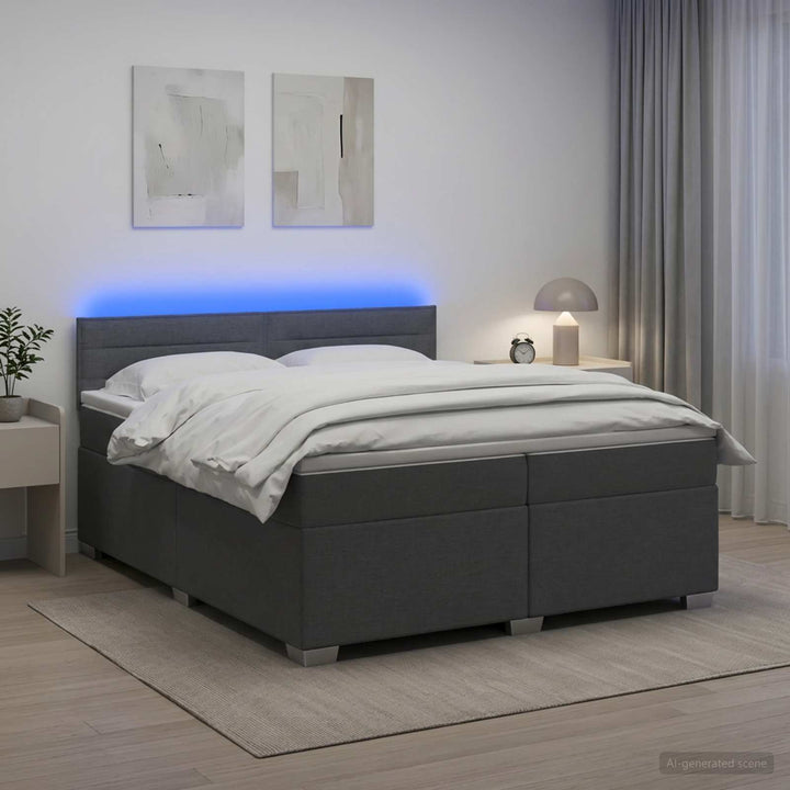 Box Spring Seng med Madras og LED Mørkegrå 200 x 200 cm Stof