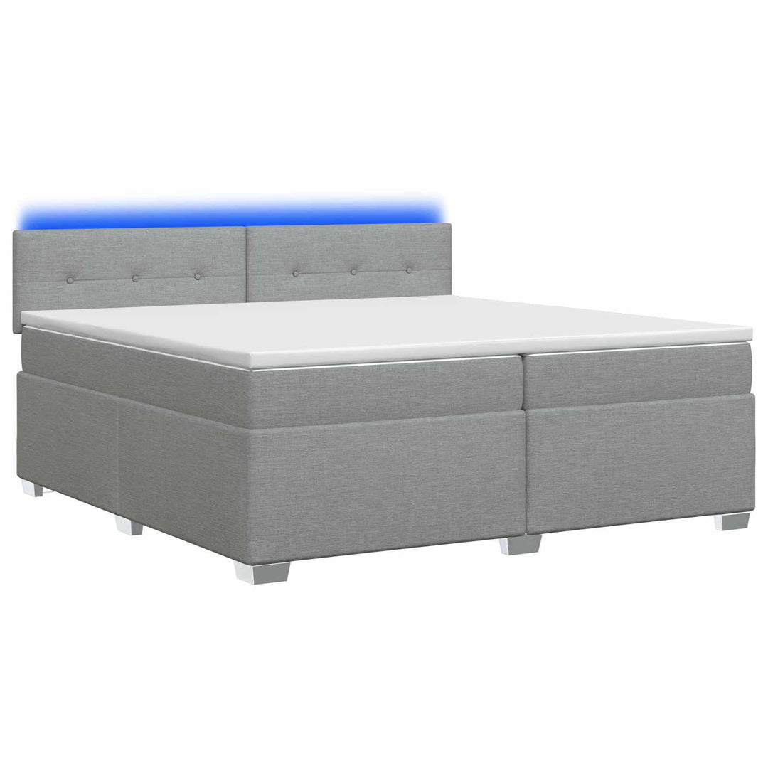 Box Spring Seng med Madras og LED Lysegrå 200 x 200 cm Stof