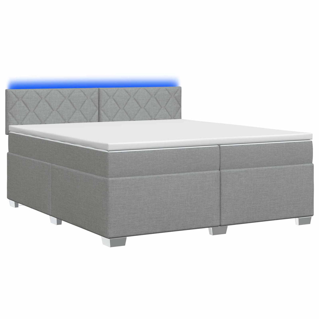 Box Spring Seng med Madras og LED Lysegrå 200 x 200 cm Stof