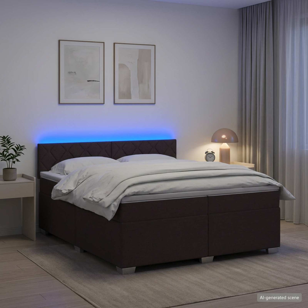 Box Spring Seng med Madras og LED Mørk Brun 200 x 200 cm Stof