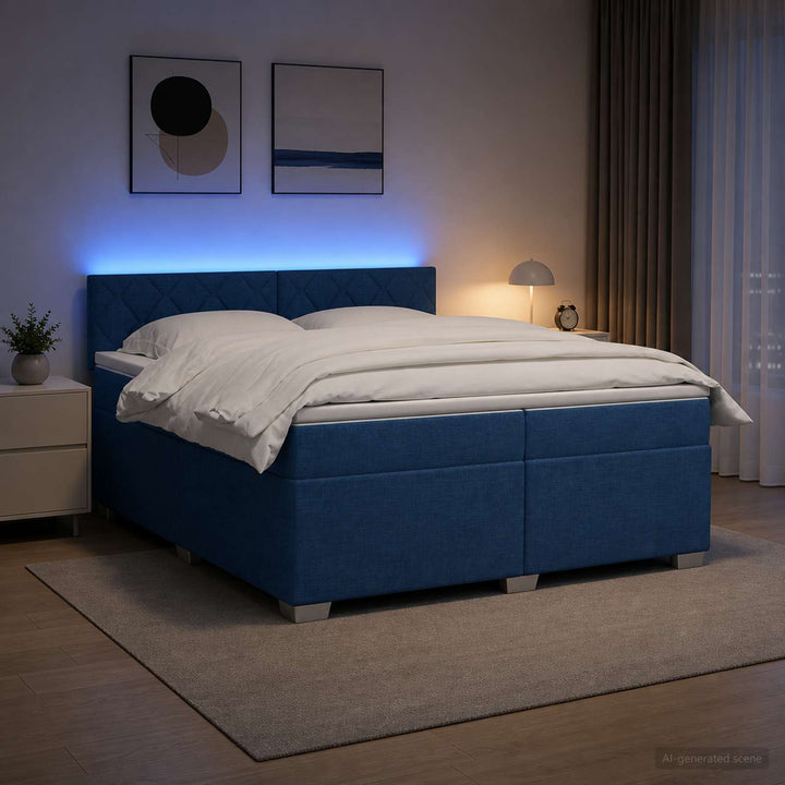 Box Spring Seng med Madras og LED Blå 200 x 200 cm Stof