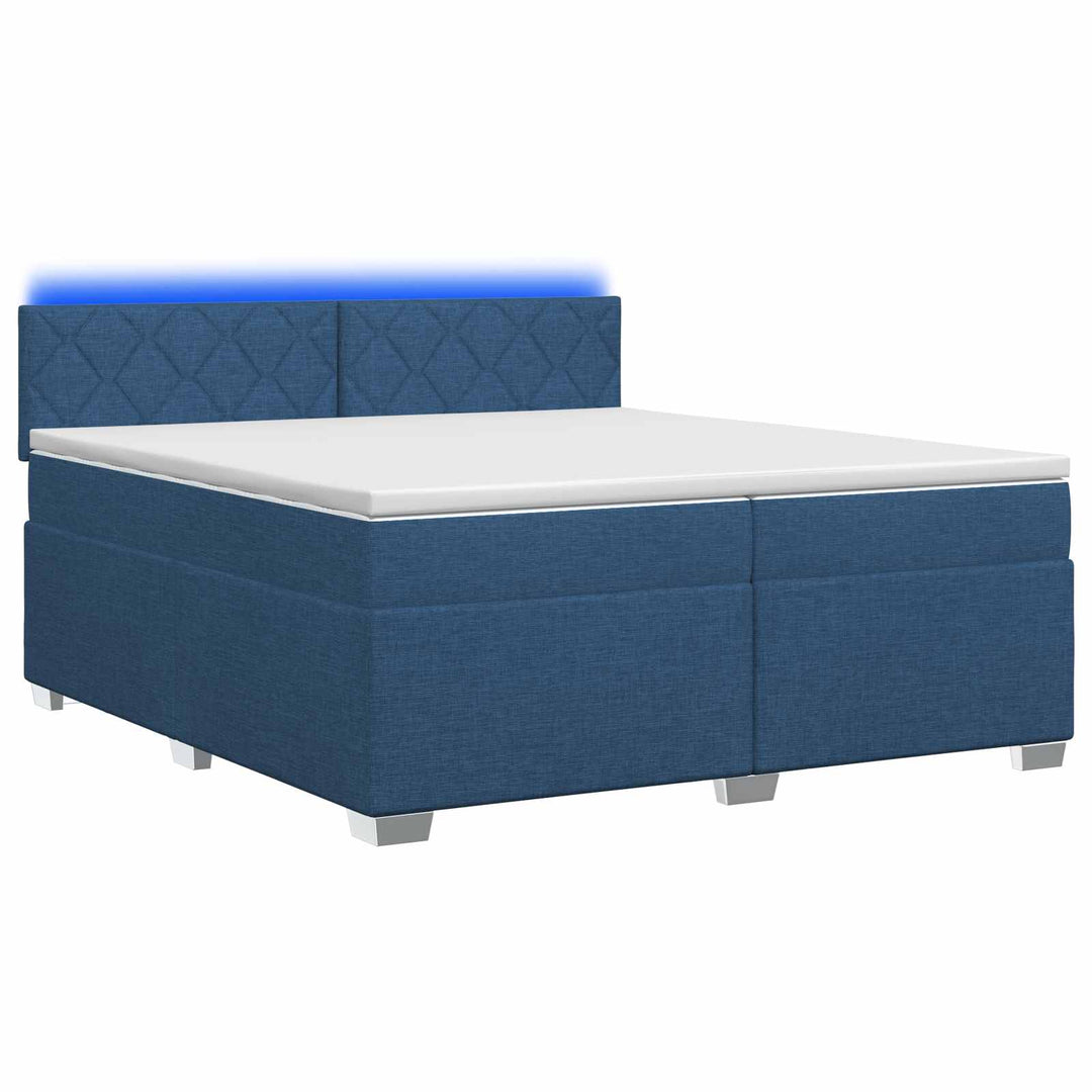 Box Spring Seng med Madras og LED Blå 200 x 200 cm Stof