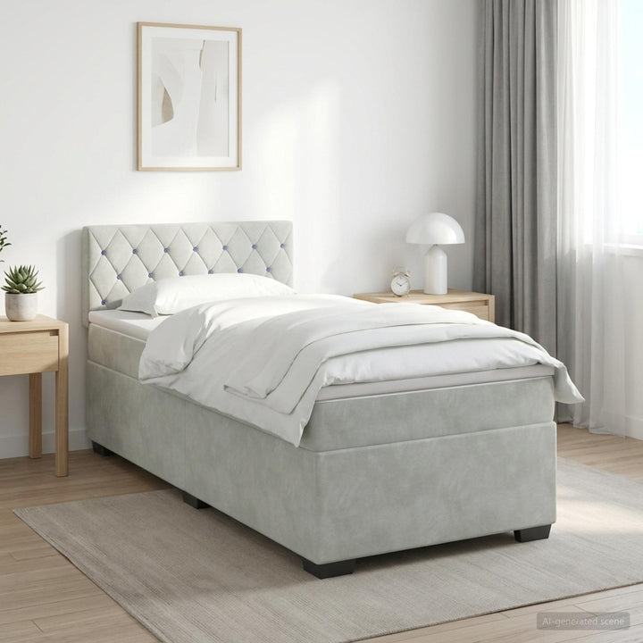 Box Spring Seng med Madras og LED Lysegrå 100 x 200 cm Velour