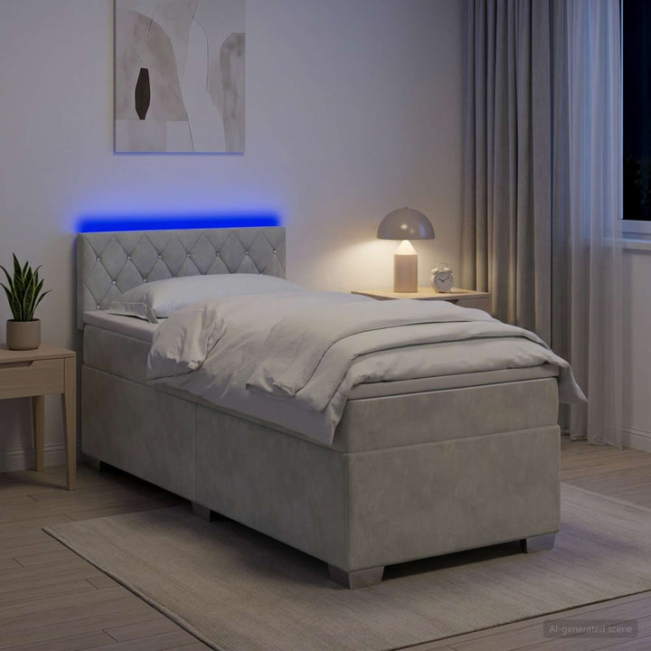 Box Spring Seng med Madras og LED Lysegrå 100 x 200 cm Velour