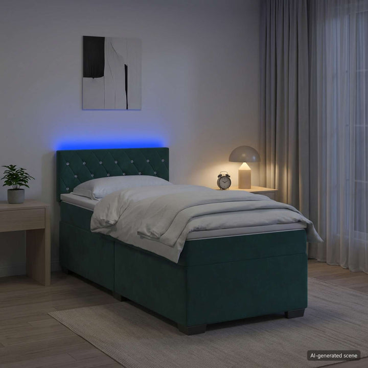 Box Spring Seng med Madras og LED Mørkegrøn 90 x 200 cm Velour