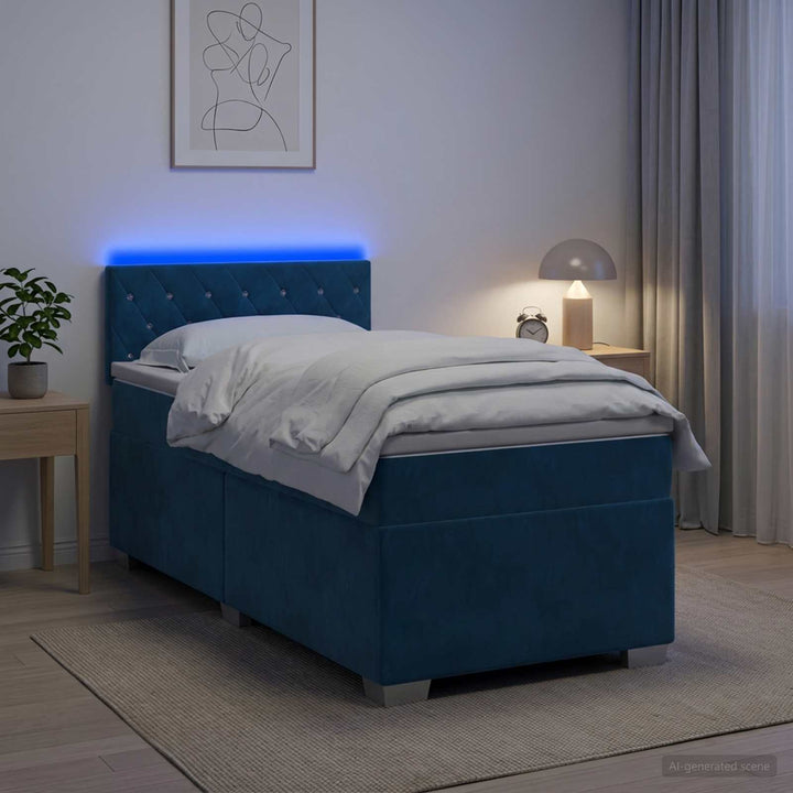 Box Spring Seng med Madras og LED Blå 100 x 200 cm Velour