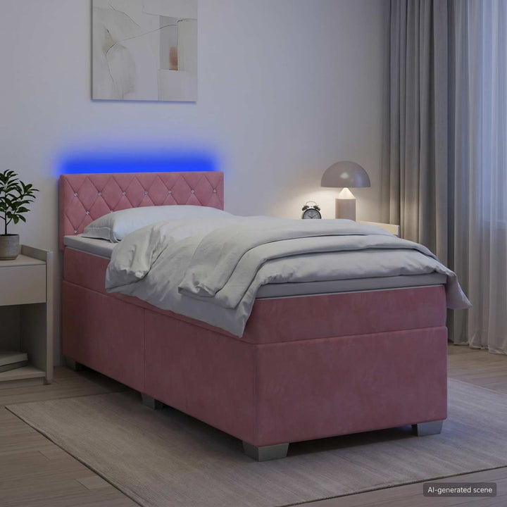 Box Spring Seng med Madras og LED Lyserød 80 x 200 cm Velour