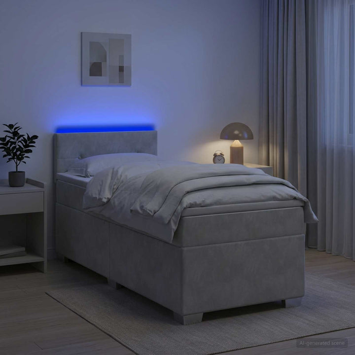 Box Spring Seng med Madras og LED Lysegrå 100 x 200 cm Velour