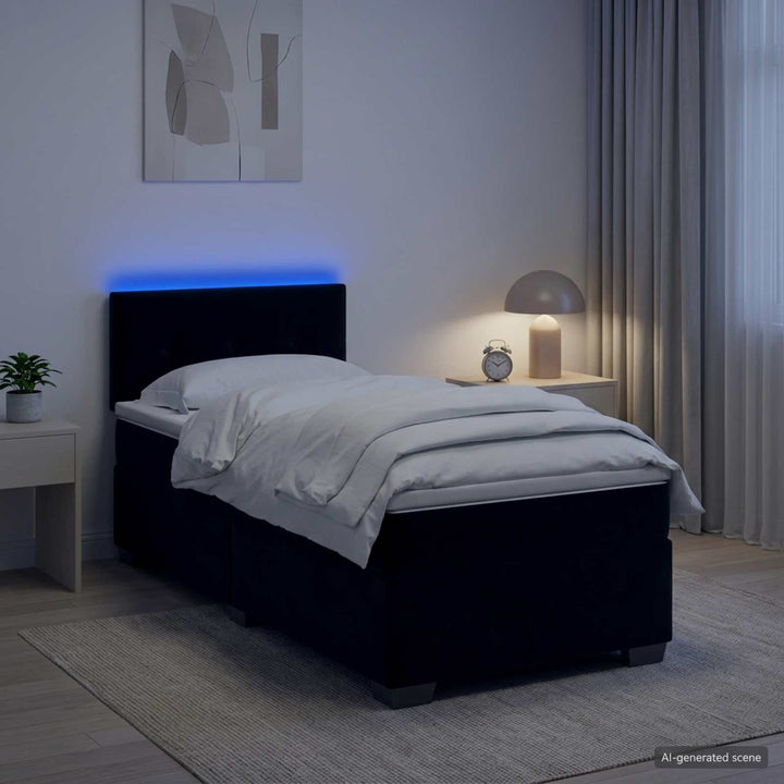 Box Spring Seng med Madras og LED Sort 90 x 200 cm Velour