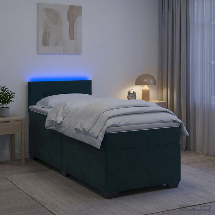 Box Spring Seng med Madras og LED Mørkegrøn 100 x 200 cm Velour