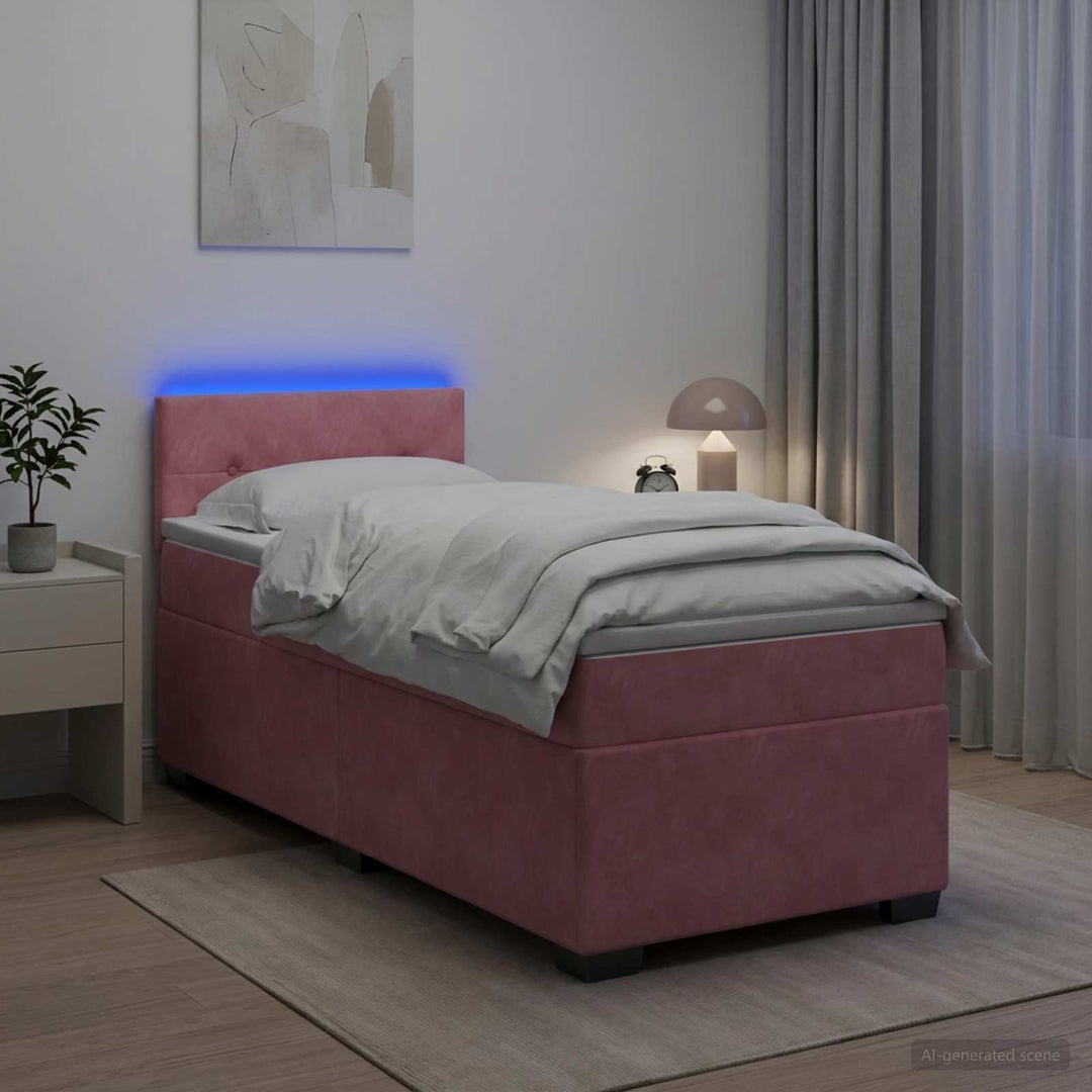 Box Spring Seng med Madras og LED Lyserød 90 x 200 cm Velour