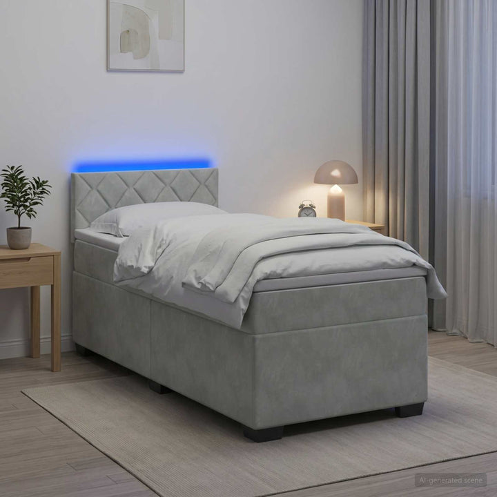 Box Spring Seng med Madras og LED Lysegrå 90 x 200 cm Velour