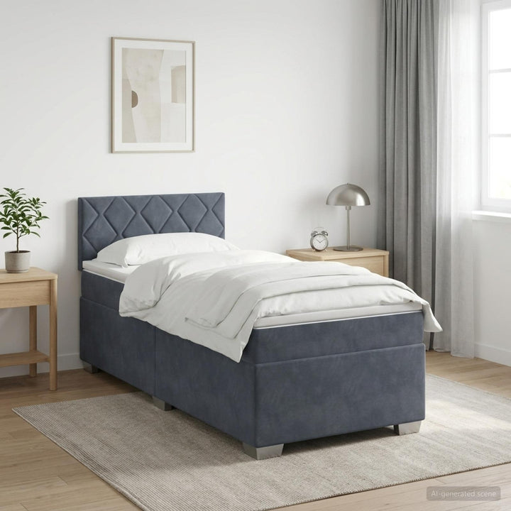 Box Spring Seng med Madras og LED Mørkegrå Enkelt Velour